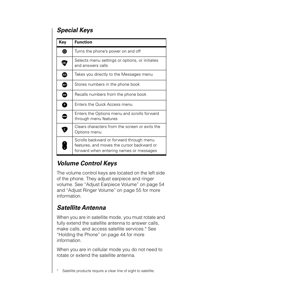 Special keys volume control keys, Satellite antenna | Motorola SATELLITE 9505 User Manual | Page 18 / 228