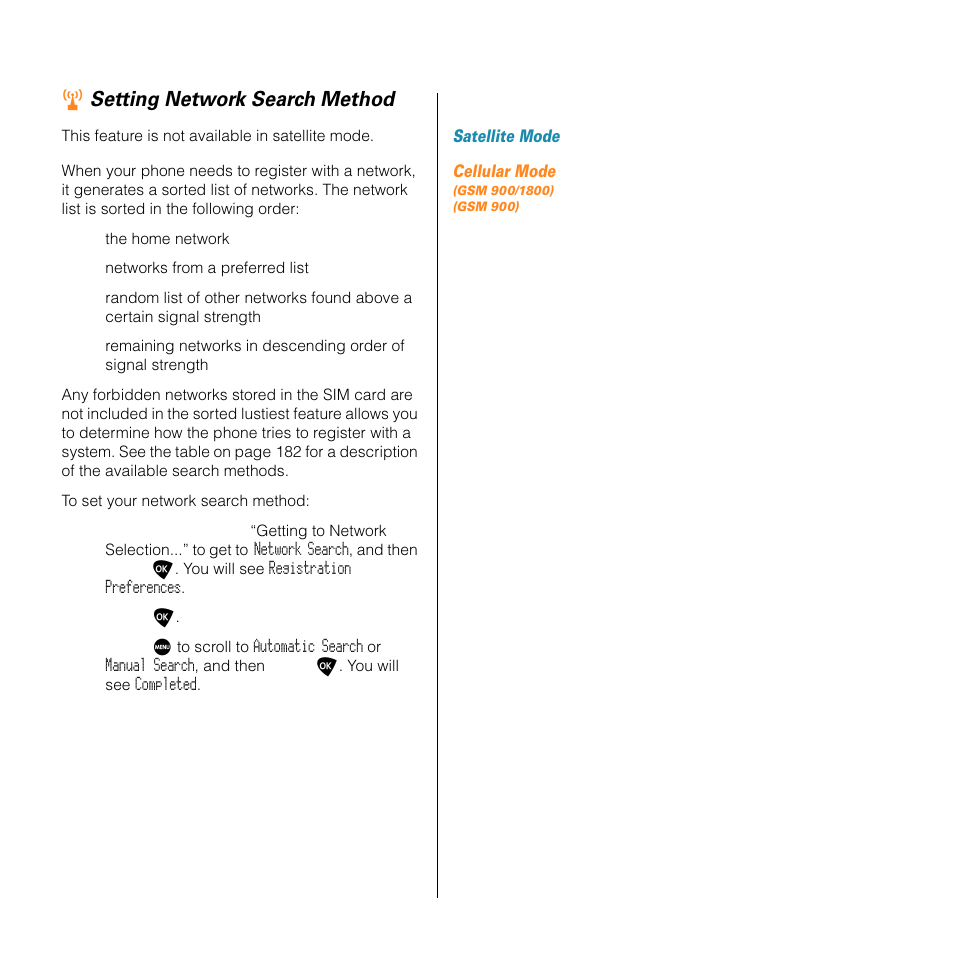 Setting network search method | Motorola SATELLITE 9505 User Manual | Page 185 / 228