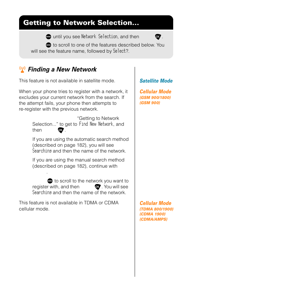 Getting to network selection, Finding a new network | Motorola SATELLITE 9505 User Manual | Page 187 / 228