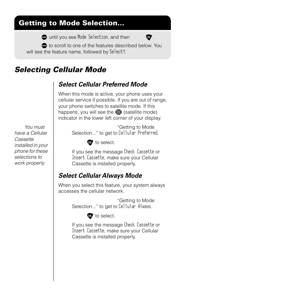 Selecting cellular mode, Getting to mode selection, Select cellular preferred mode | Select cellular always mode | Motorola SATELLITE 9505 User Manual | Page 194 / 228