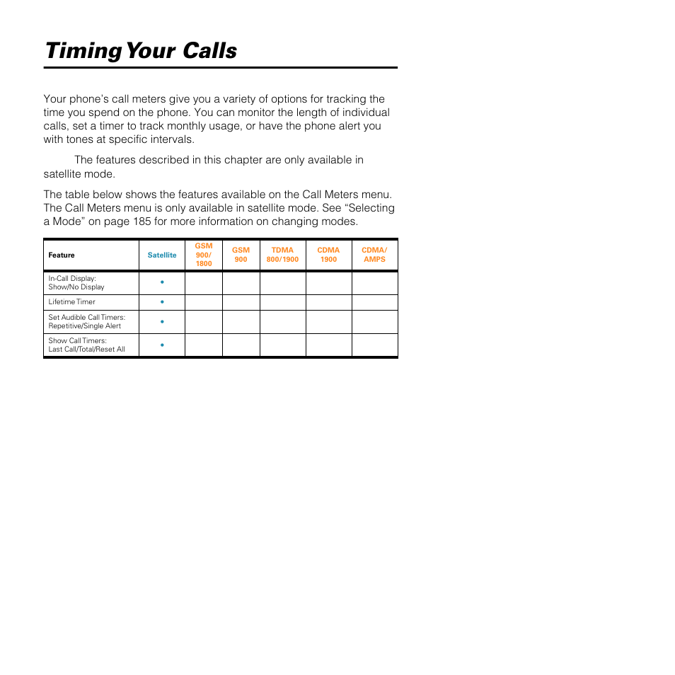 Timing your calls | Motorola SATELLITE 9505 User Manual | Page 195 / 228