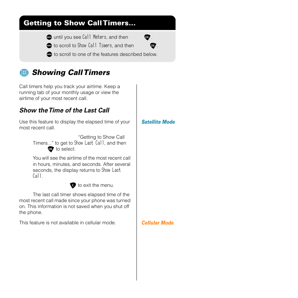 Showing call timers, Getting to show call timers, Show the time of the last call | Motorola SATELLITE 9505 User Manual | Page 197 / 228