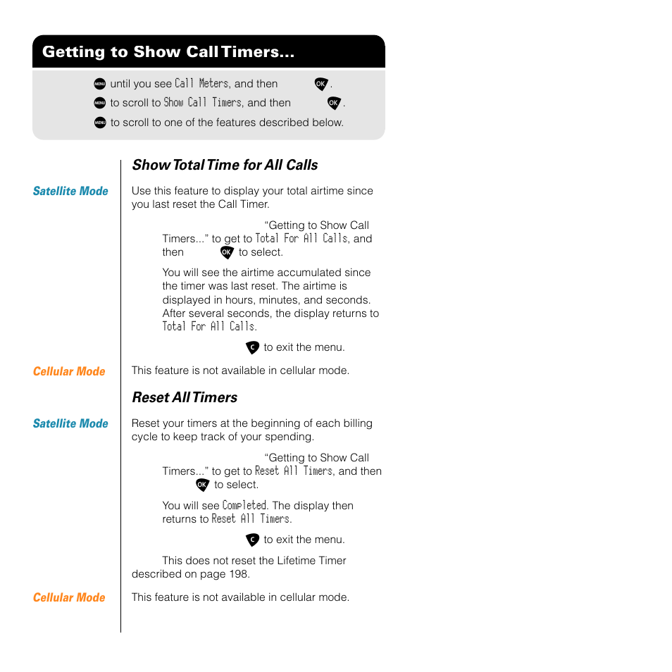 Getting to show call timers, Show total time for all calls, Reset all timers | Motorola SATELLITE 9505 User Manual | Page 198 / 228