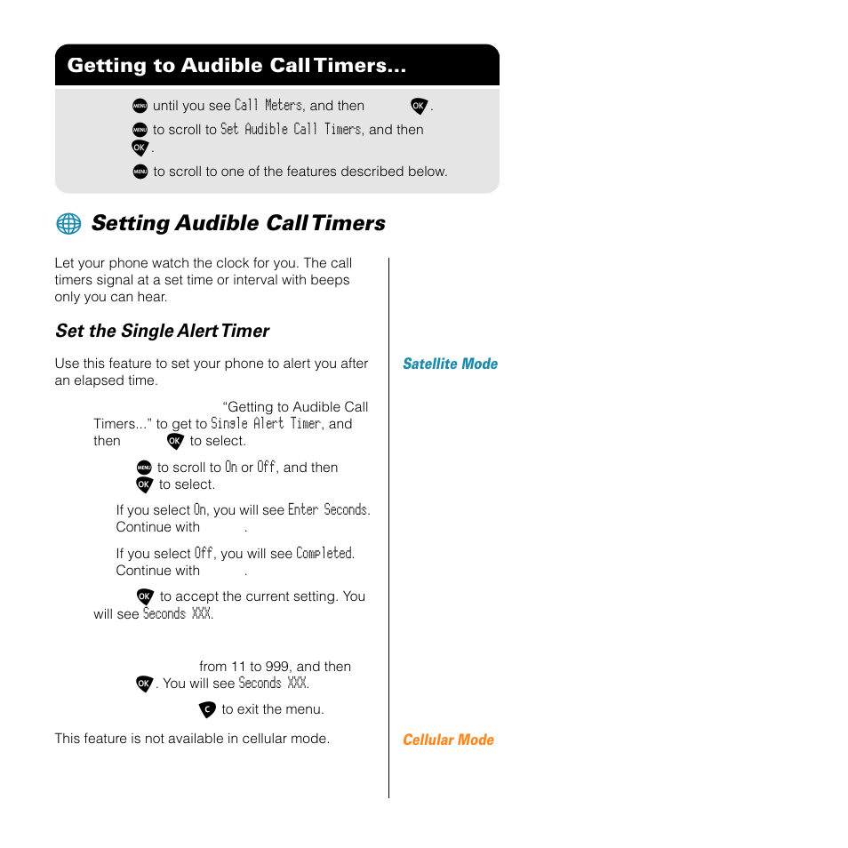 Setting audible call timers, Getting to audible call timers, Set the single alert timer | Motorola SATELLITE 9505 User Manual | Page 199 / 228