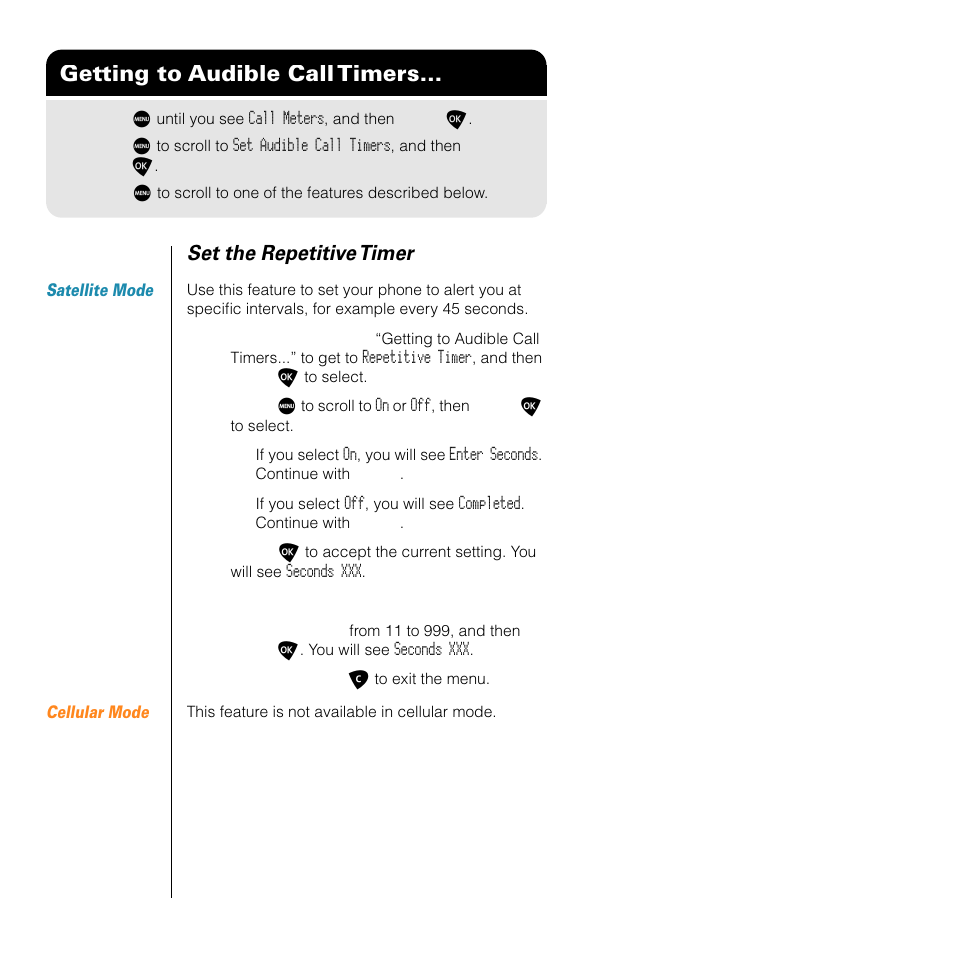 Getting to audible call timers, Set the repetitive timer | Motorola SATELLITE 9505 User Manual | Page 200 / 228