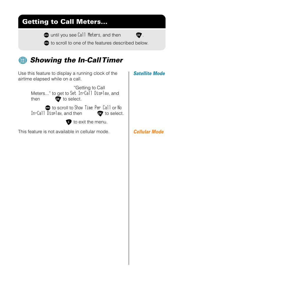 Showing the incall timer, Showing the in-call timer, Getting to call meters | Motorola SATELLITE 9505 User Manual | Page 201 / 228