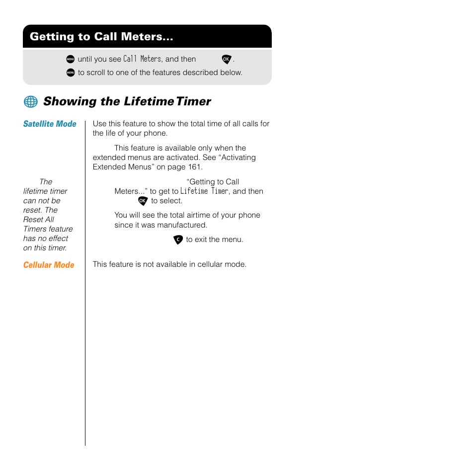 Showing the lifetime timer, Getting to call meters | Motorola SATELLITE 9505 User Manual | Page 202 / 228