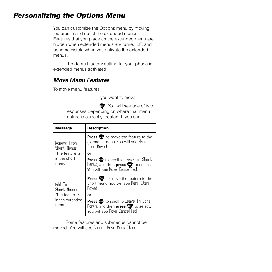 Personalizing the options menu, Move menu features | Motorola SATELLITE 9505 User Manual | Page 204 / 228