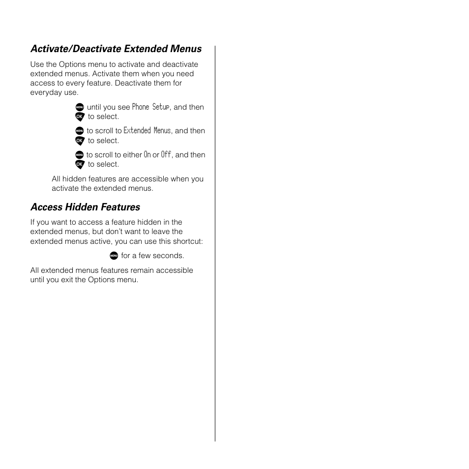 Activate/deactivate extended menus, Access hidden features | Motorola SATELLITE 9505 User Manual | Page 205 / 228