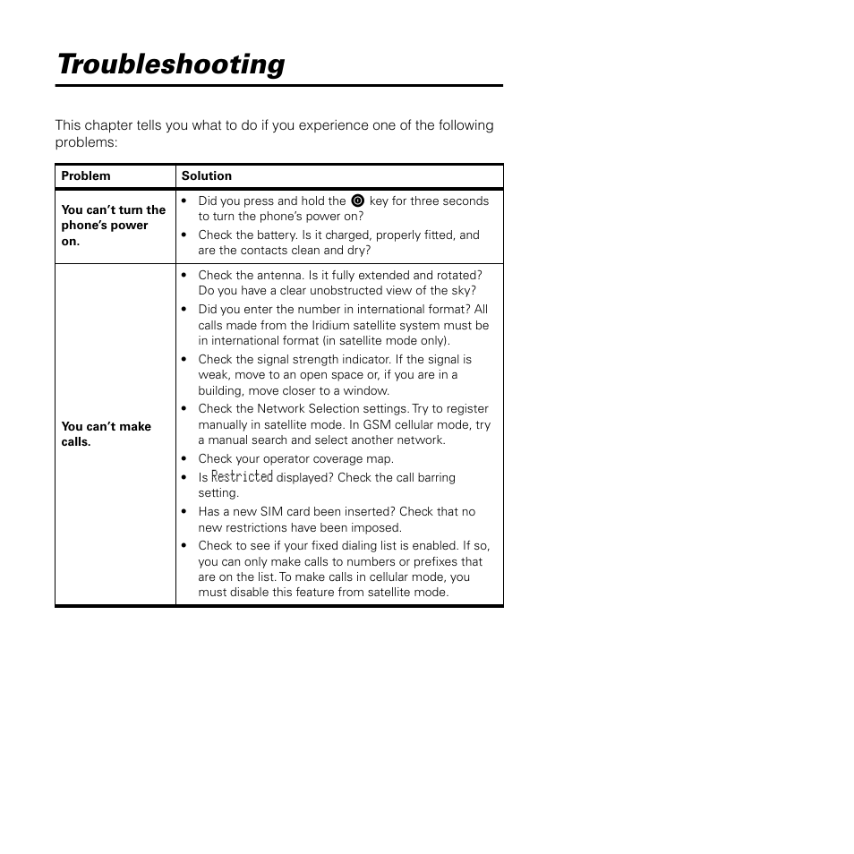 Troubleshooting | Motorola SATELLITE 9505 User Manual | Page 207 / 228