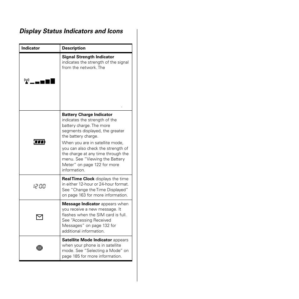 Display status indicators and icons | Motorola SATELLITE 9505 User Manual | Page 21 / 228