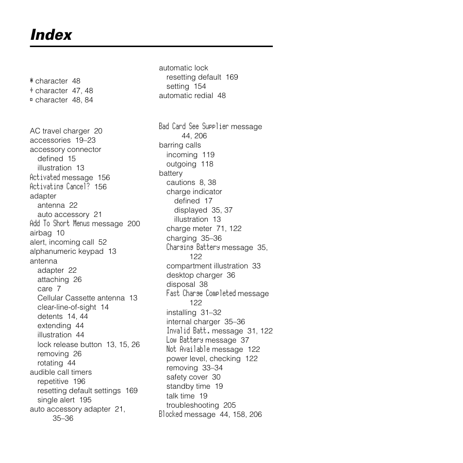 Index, Symbols | Motorola SATELLITE 9505 User Manual | Page 211 / 228