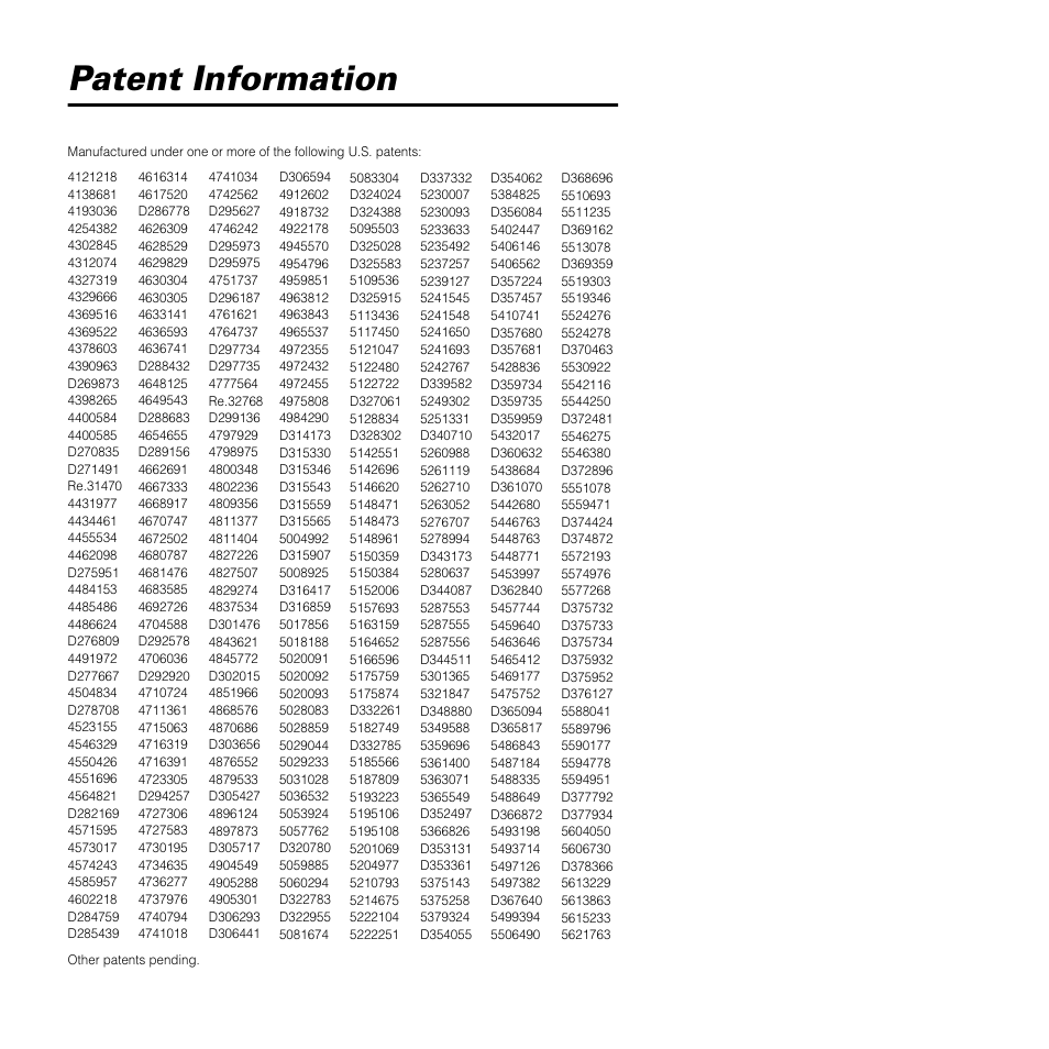 Patent information | Motorola SATELLITE 9505 User Manual | Page 225 / 228