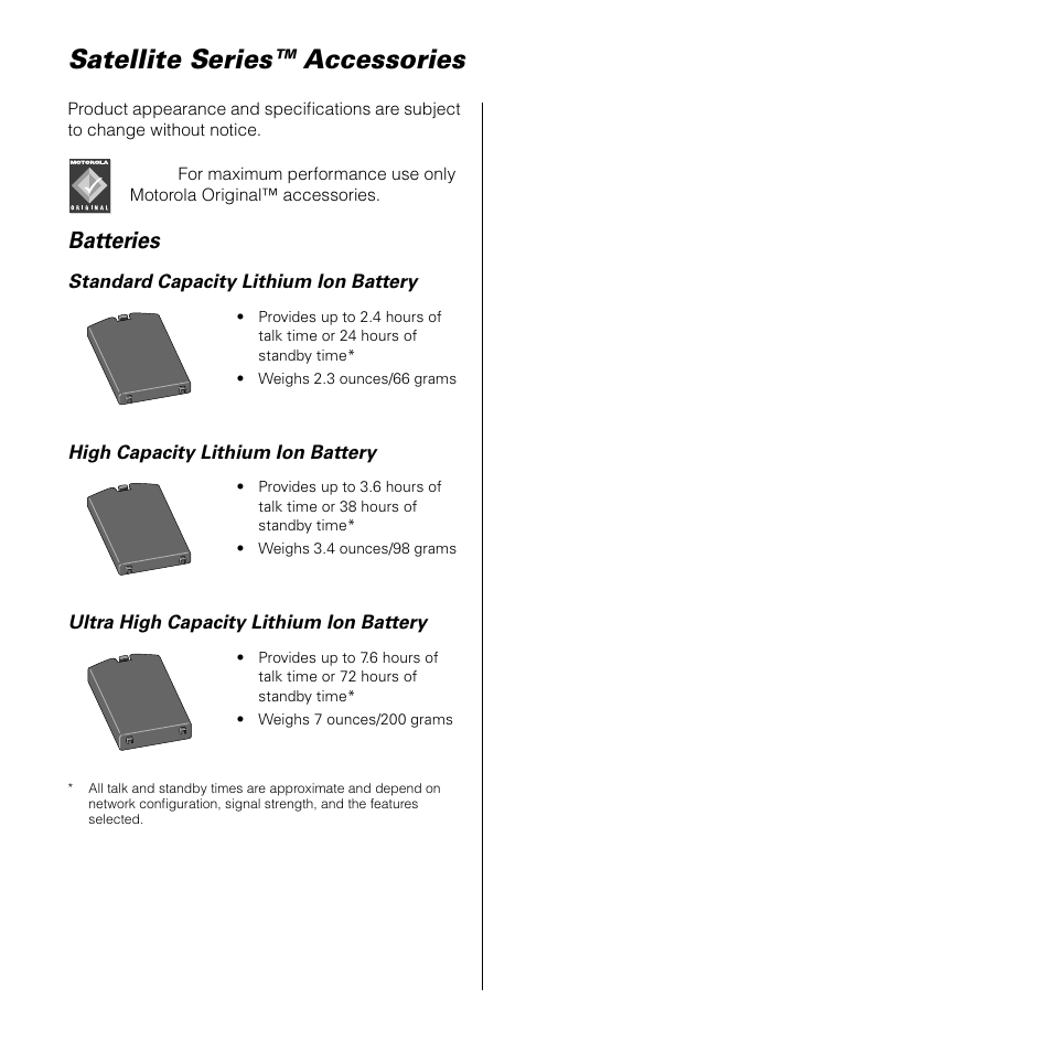 Satellite series™ accessories, Batteries | Motorola SATELLITE 9505 User Manual | Page 23 / 228