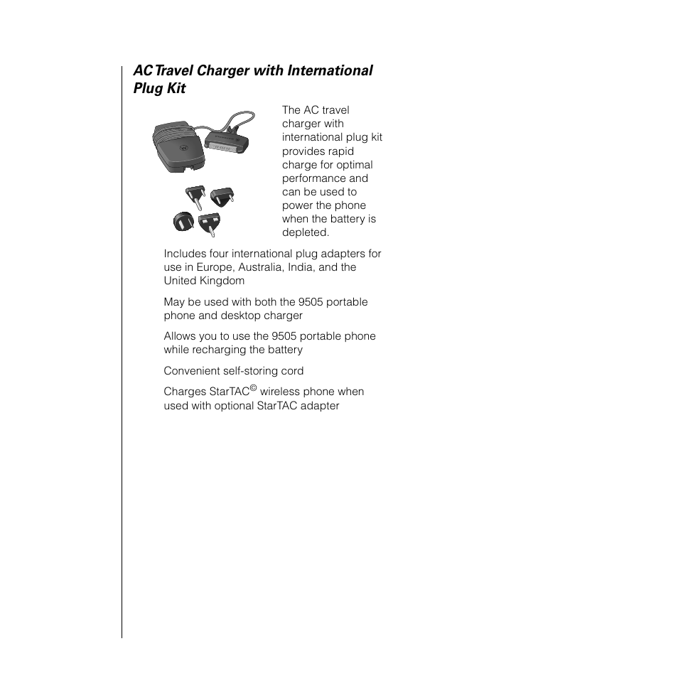 Ac travel charger with international plug kit | Motorola SATELLITE 9505 User Manual | Page 24 / 228