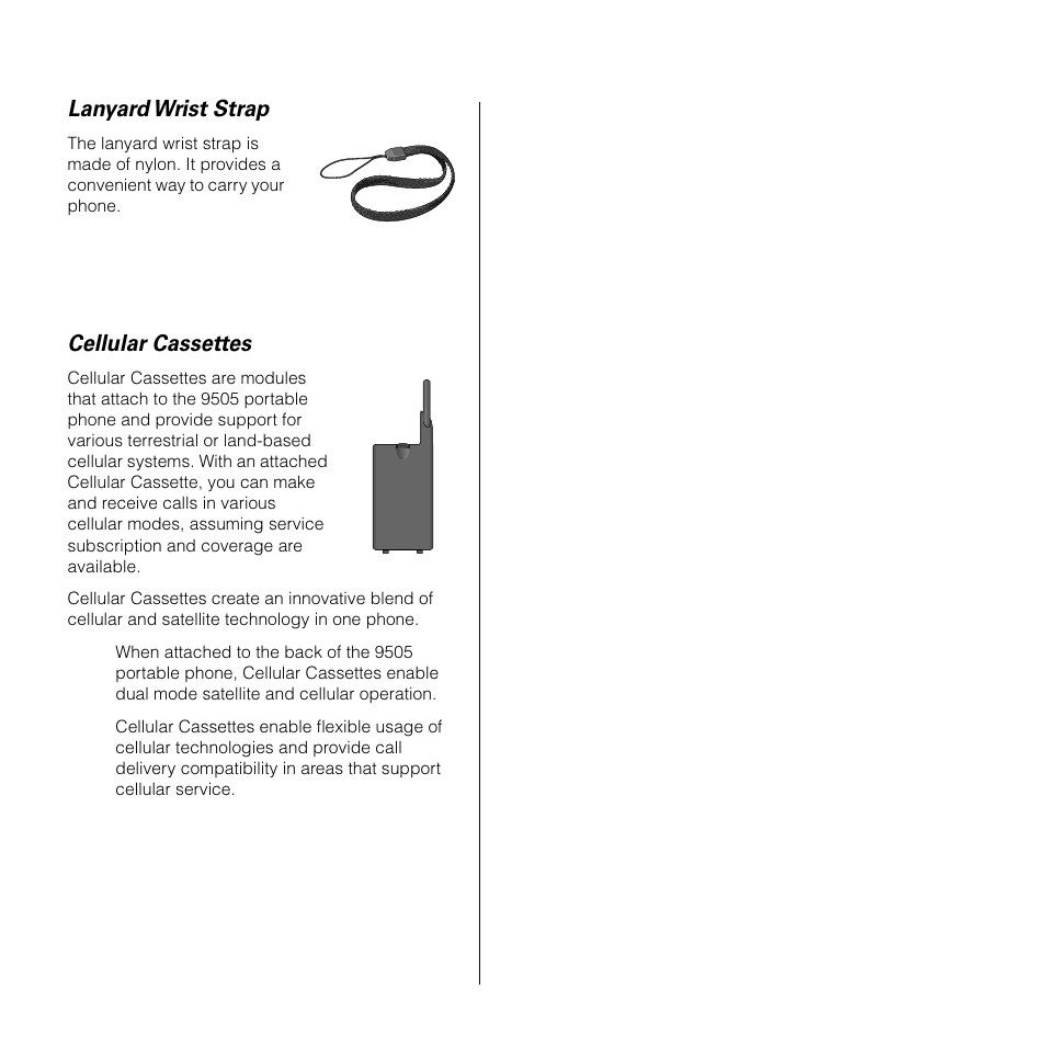 Lanyard wrist strap, Cellular cassettes | Motorola SATELLITE 9505 User Manual | Page 27 / 228