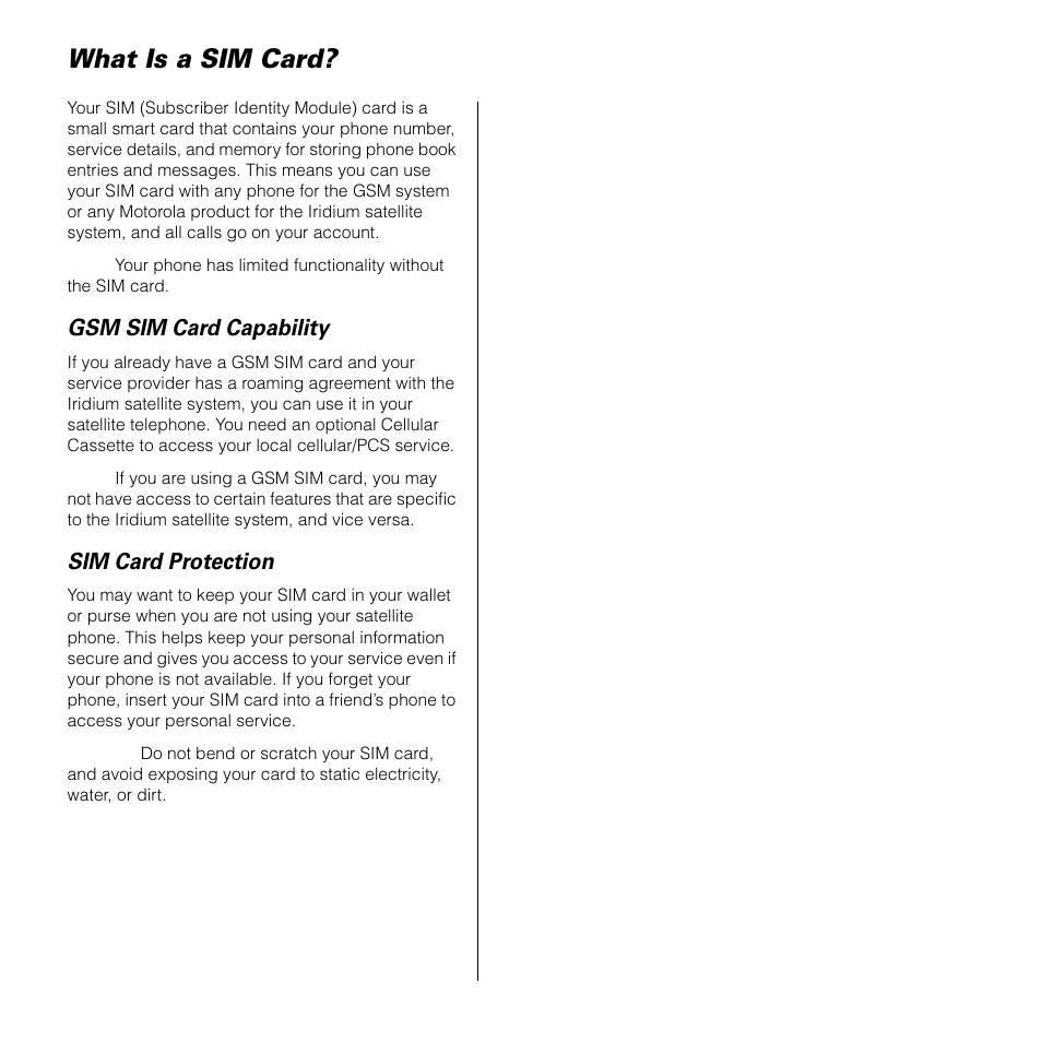 What is a sim card, Gsm sim card capability, Sim card protection | Motorola SATELLITE 9505 User Manual | Page 31 / 228