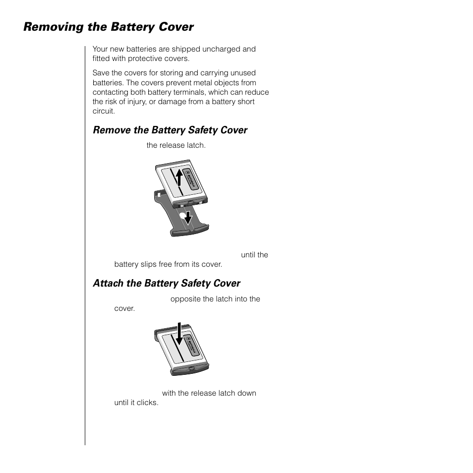 Removing the battery cover, Remove the battery safety cover, Attach the battery safety cover | Motorola SATELLITE 9505 User Manual | Page 34 / 228