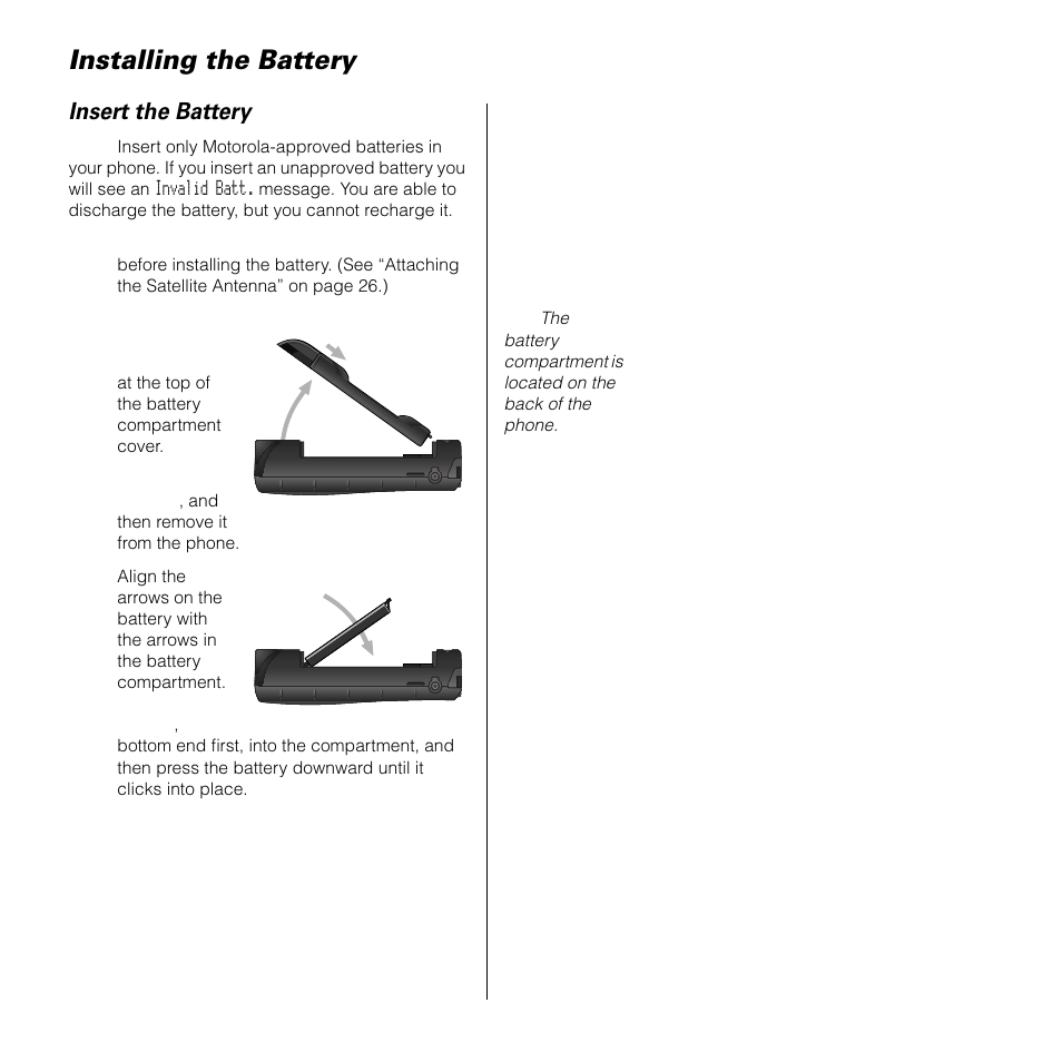 Installing the battery, Insert the battery | Motorola SATELLITE 9505 User Manual | Page 35 / 228