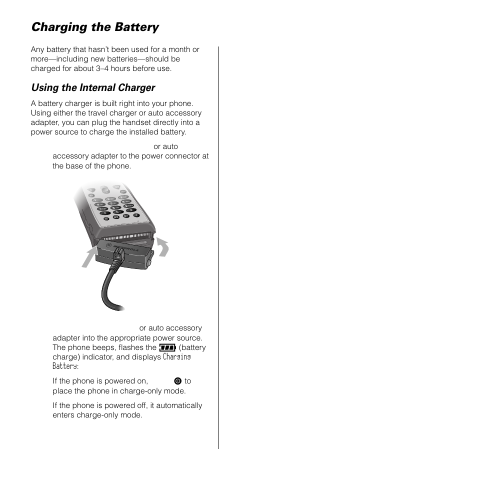 Charging the battery, Using the internal charger | Motorola SATELLITE 9505 User Manual | Page 39 / 228