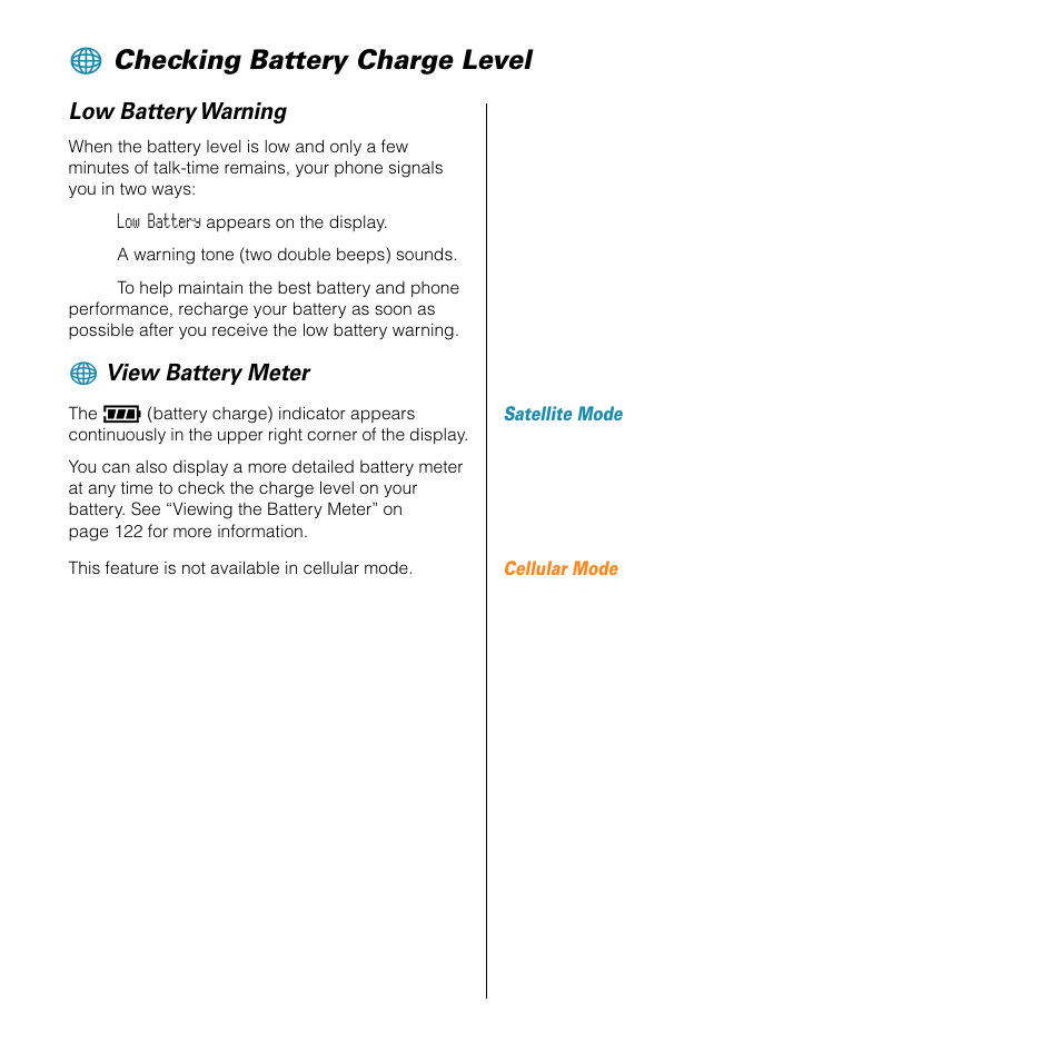 Checking battery charge level, Low battery warning, View battery meter | Motorola SATELLITE 9505 User Manual | Page 41 / 228