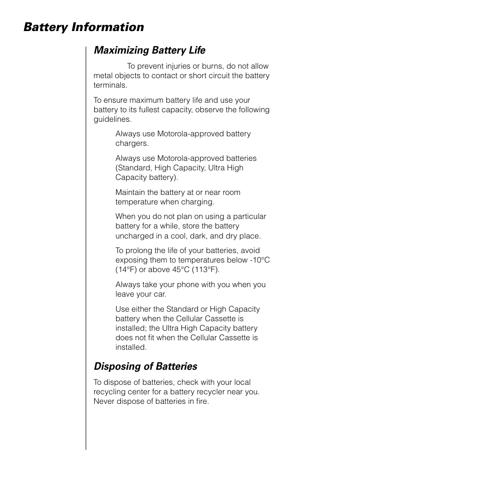 Battery information, Maximizing battery life, Disposing of batteries | Motorola SATELLITE 9505 User Manual | Page 42 / 228