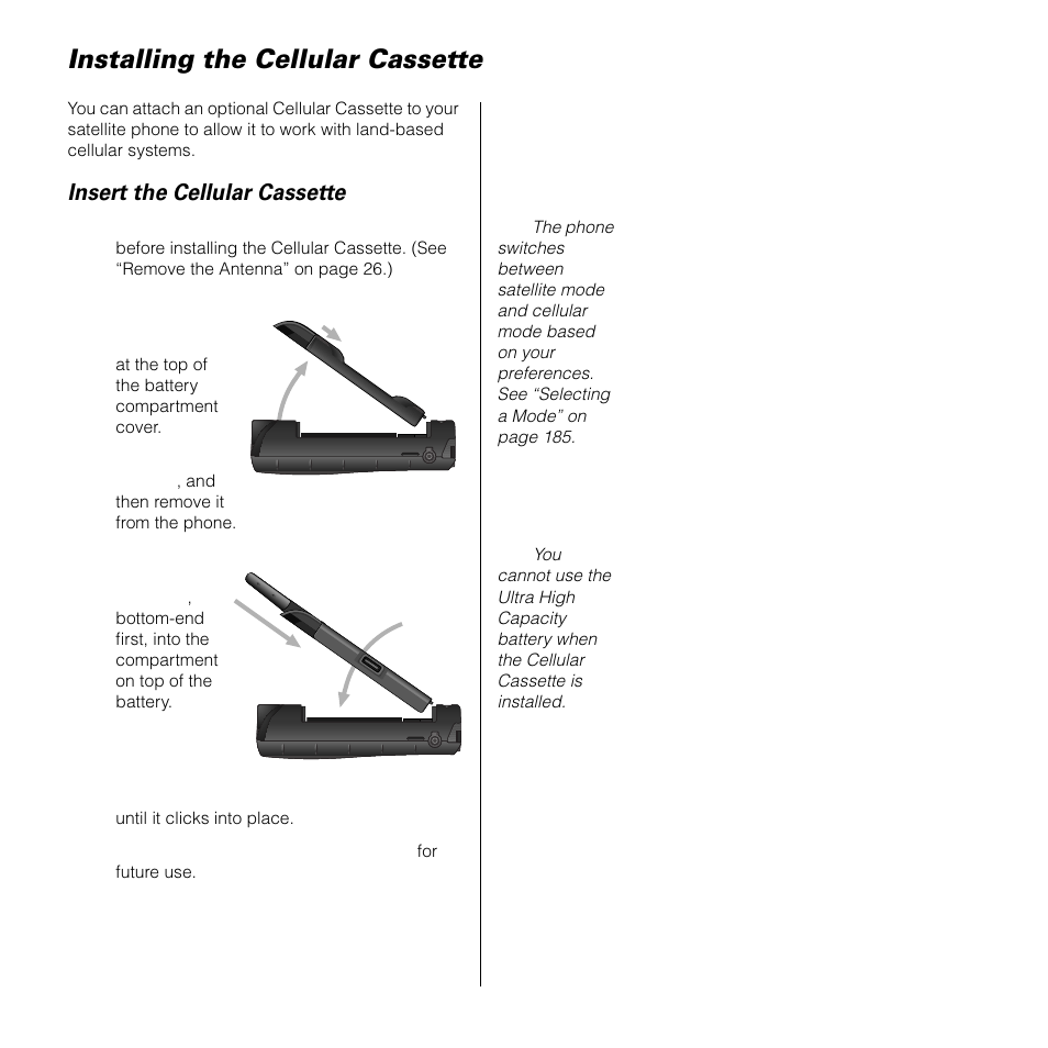 Installing the cellular cassette, Insert the cellular cassette | Motorola SATELLITE 9505 User Manual | Page 43 / 228