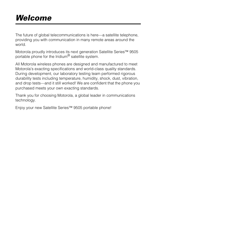 Welcome | Motorola SATELLITE 9505 User Manual | Page 5 / 228