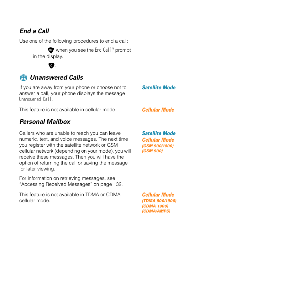 End a call, Unanswered calls, Personal mailbox | Motorola SATELLITE 9505 User Manual | Page 57 / 228