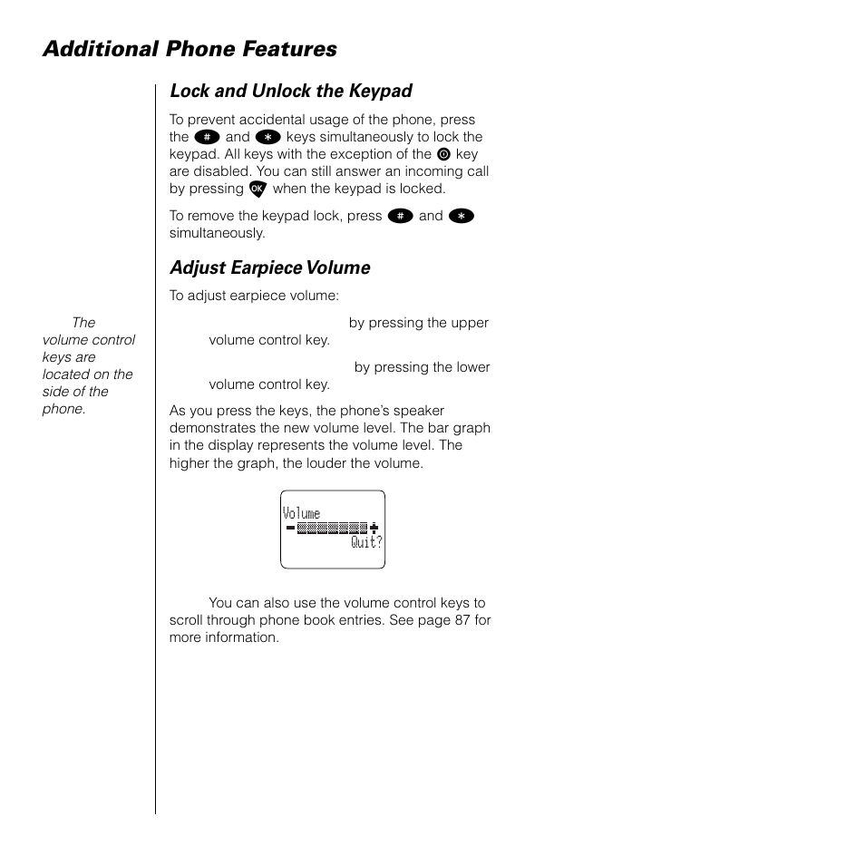 Additional phone features, Lock and unlock the keypad, Adjust earpiece volume | Motorola SATELLITE 9505 User Manual | Page 58 / 228