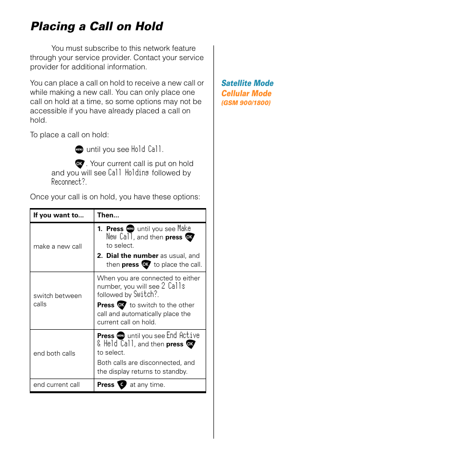 Placing a call on hold | Motorola SATELLITE 9505 User Manual | Page 65 / 228