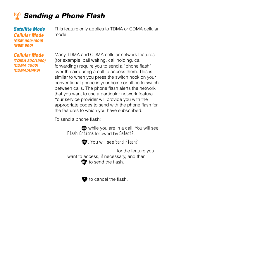 Sending a phone flash, Rsending a phone flash | Motorola SATELLITE 9505 User Manual | Page 70 / 228