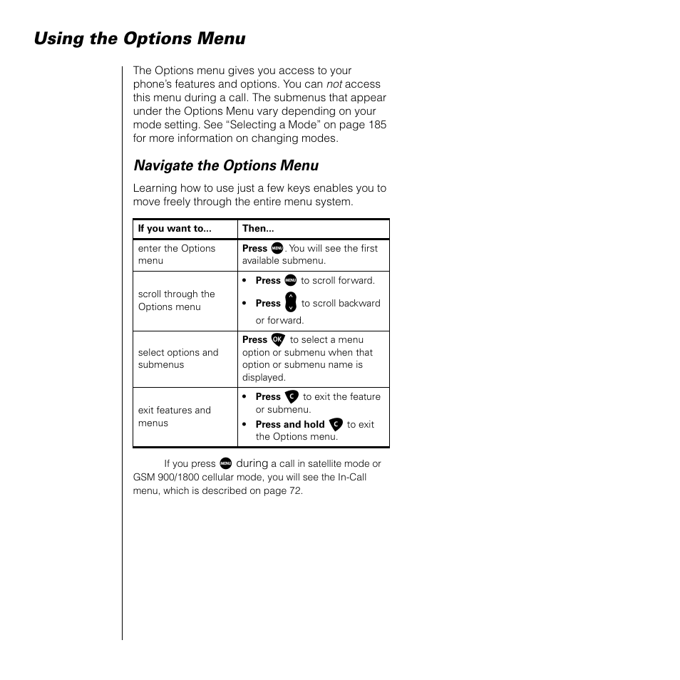 Using the options menu, Navigate the options menu | Motorola SATELLITE 9505 User Manual | Page 72 / 228