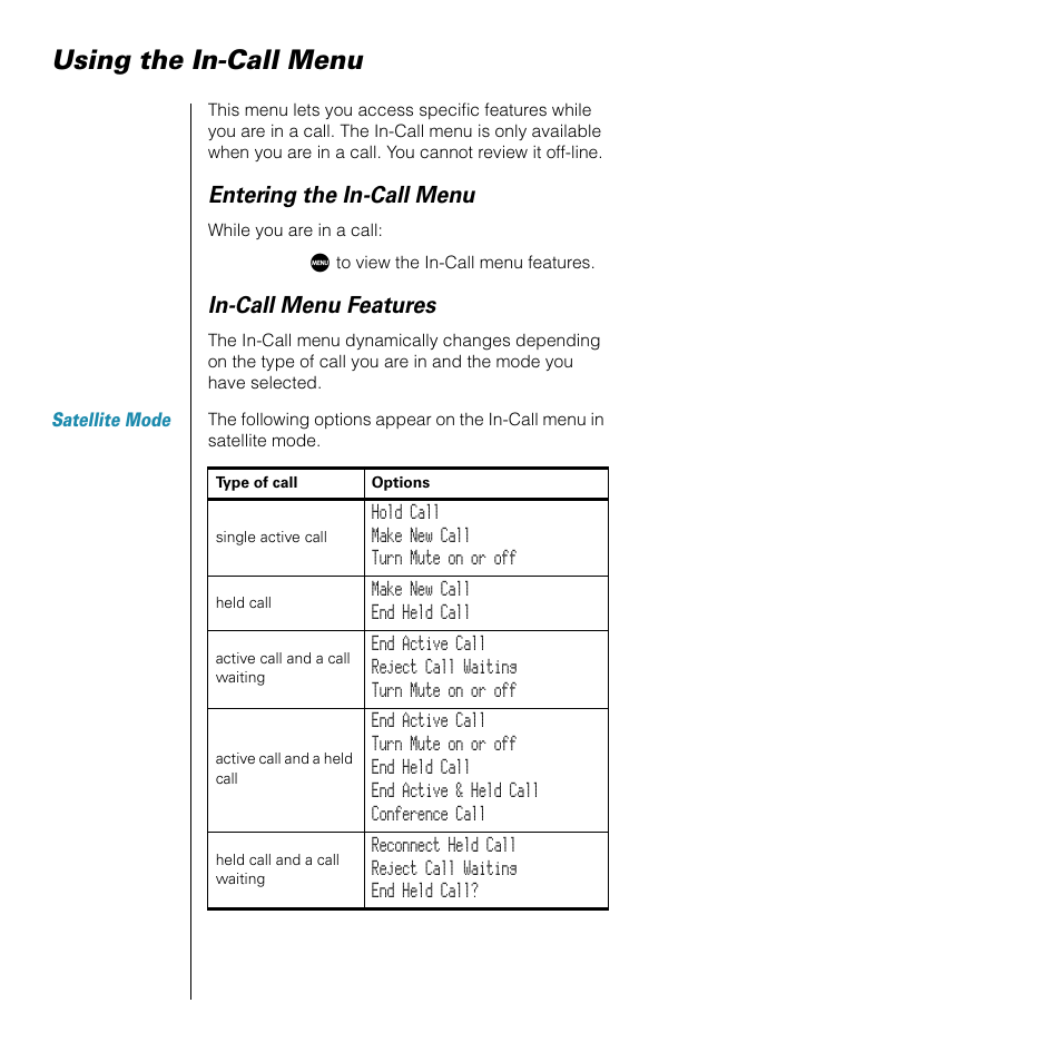 Using the incall menu, Using the in-call menu, Entering the in-call menu | In-call menu features | Motorola SATELLITE 9505 User Manual | Page 76 / 228