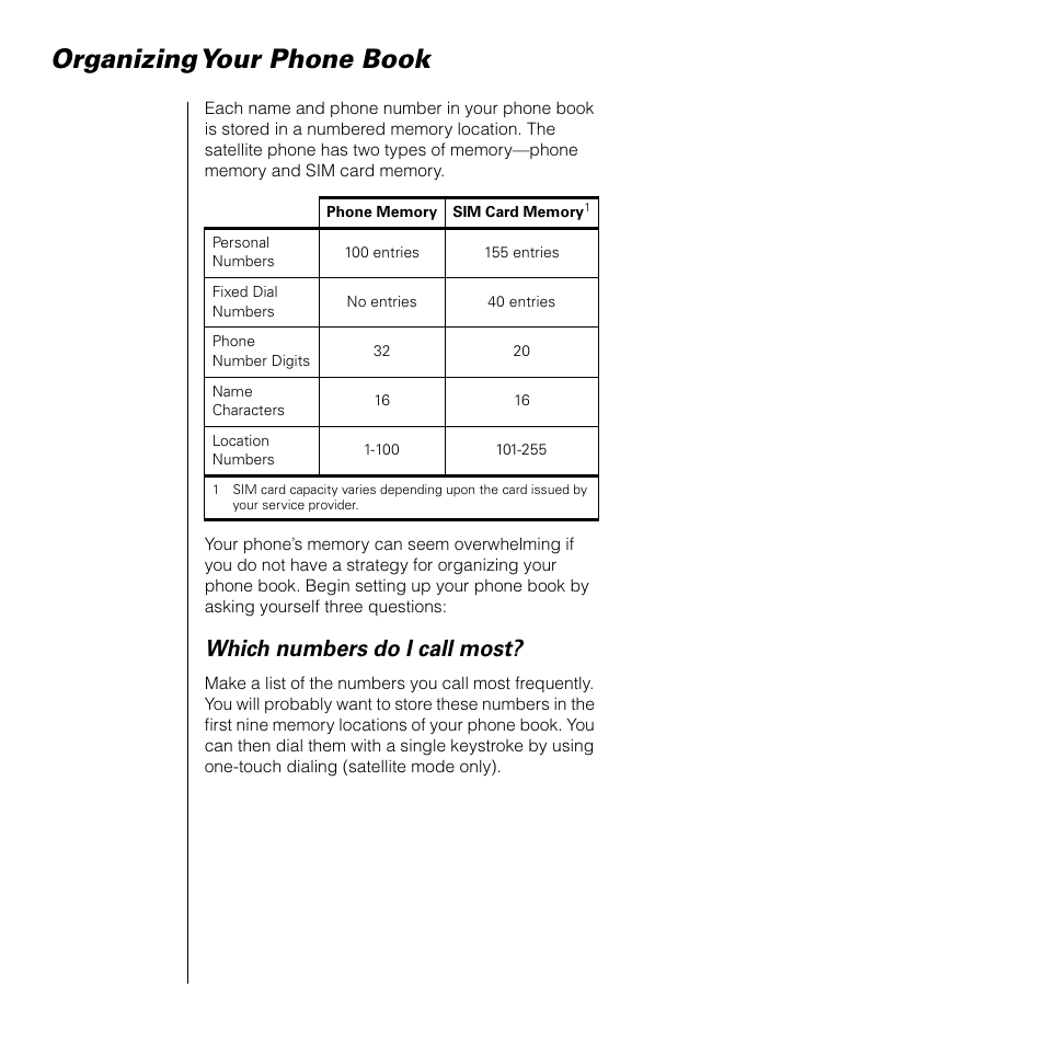 Organizing your phone book, Which numbers do i call most | Motorola SATELLITE 9505 User Manual | Page 82 / 228