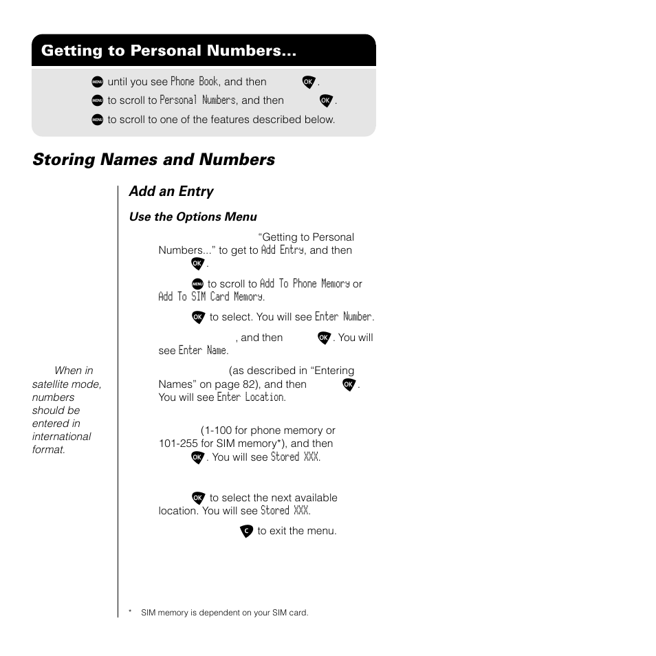 Storing names and numbers, Managing other security settings, Getting to personal numbers | Add an entry | Motorola SATELLITE 9505 User Manual | Page 84 / 228