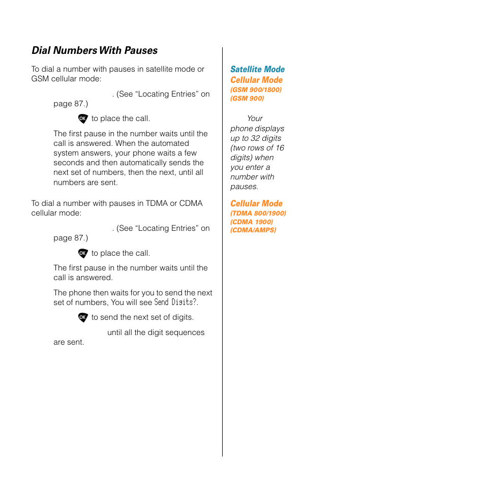 Dial numbers with pauses | Motorola SATELLITE 9505 User Manual | Page 89 / 228