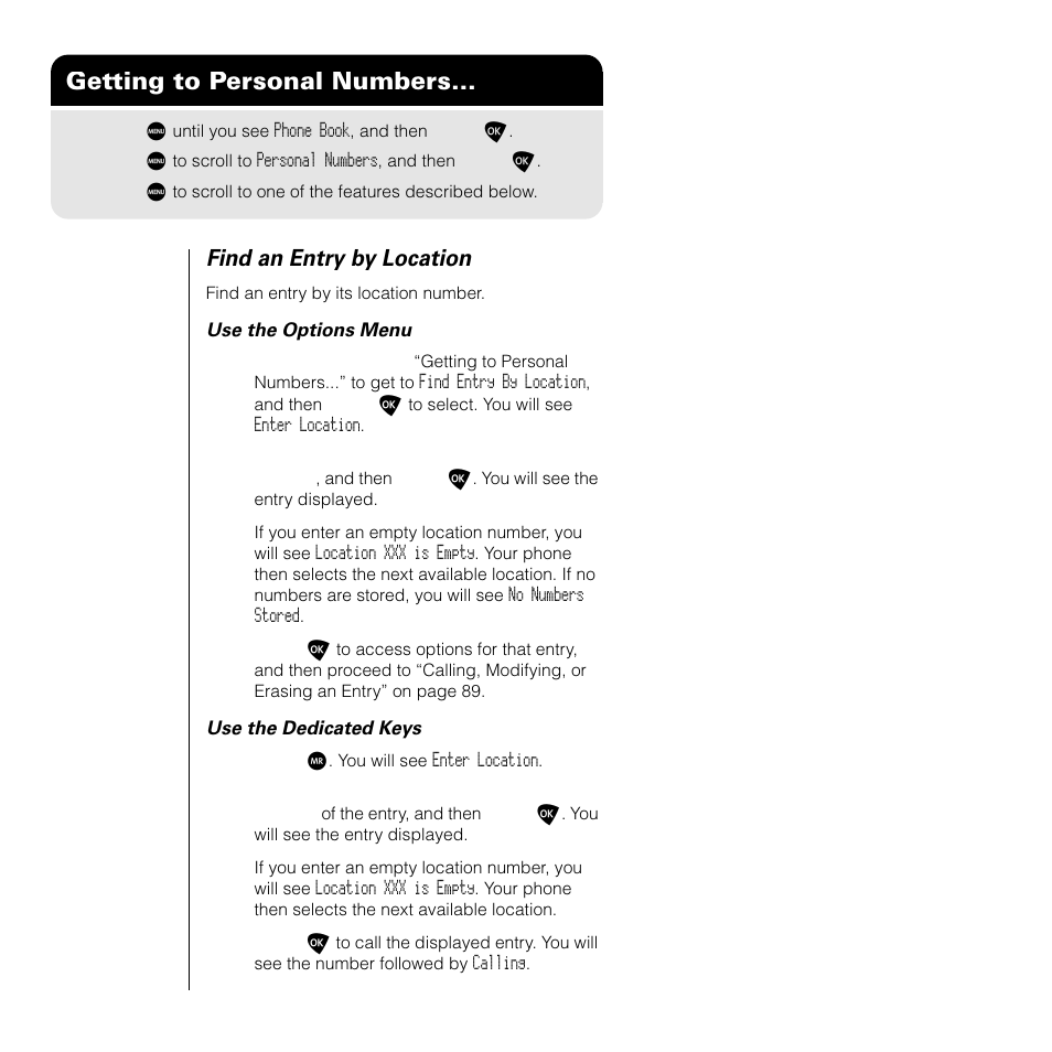 Getting to personal numbers, Find an entry by location | Motorola SATELLITE 9505 User Manual | Page 92 / 228