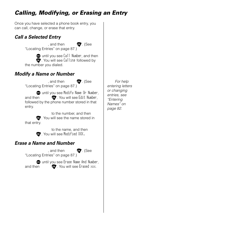 Calling, modifying, or erasing an entry, Call a selected entry, Modify a name or number | Erase a name and number | Motorola SATELLITE 9505 User Manual | Page 93 / 228