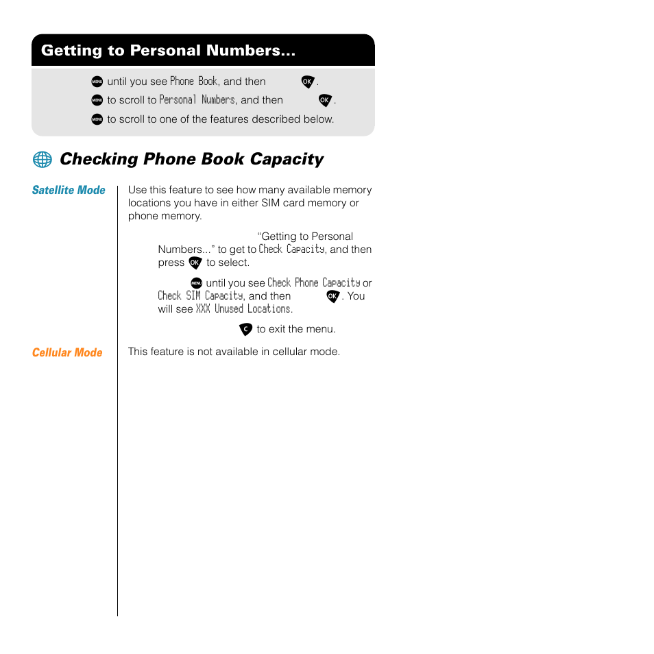 Checking phone book capacity, Getting to personal numbers | Motorola SATELLITE 9505 User Manual | Page 94 / 228