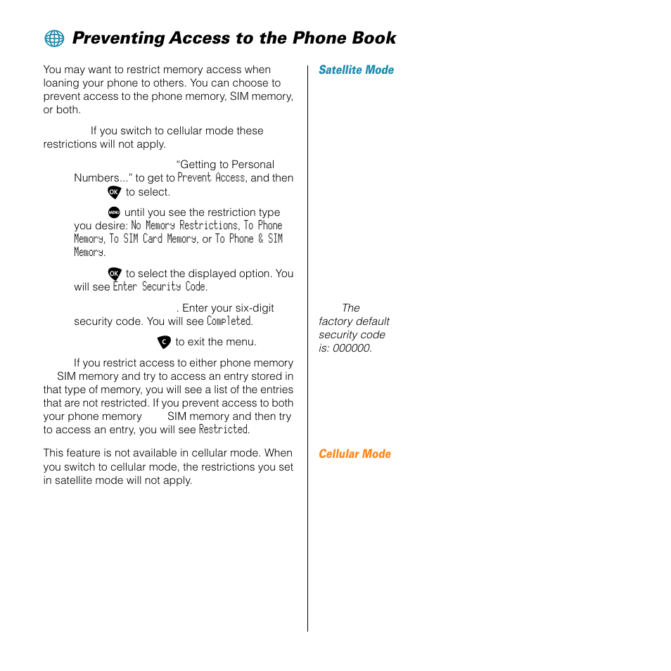 Preventing access to the phone book | Motorola SATELLITE 9505 User Manual | Page 95 / 228