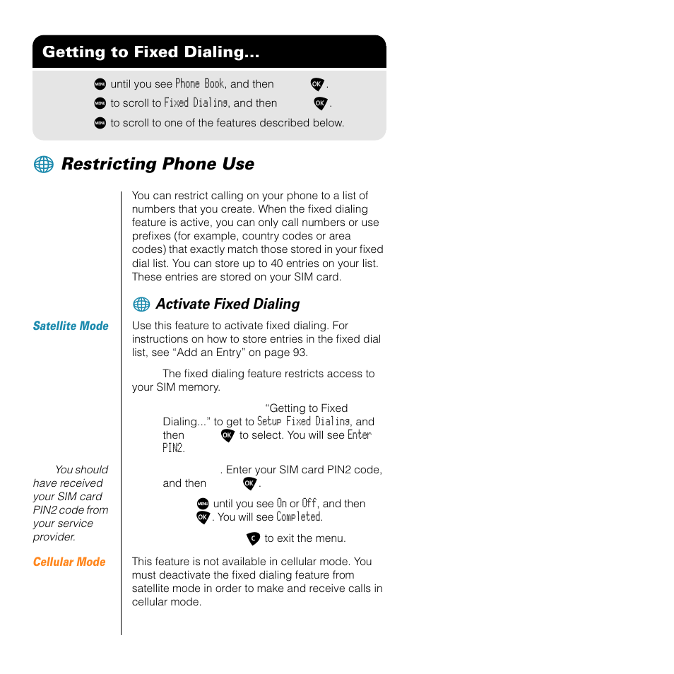 Restricting phone use, Getting to fixed dialing, Activate fixed dialing | Motorola SATELLITE 9505 User Manual | Page 96 / 228