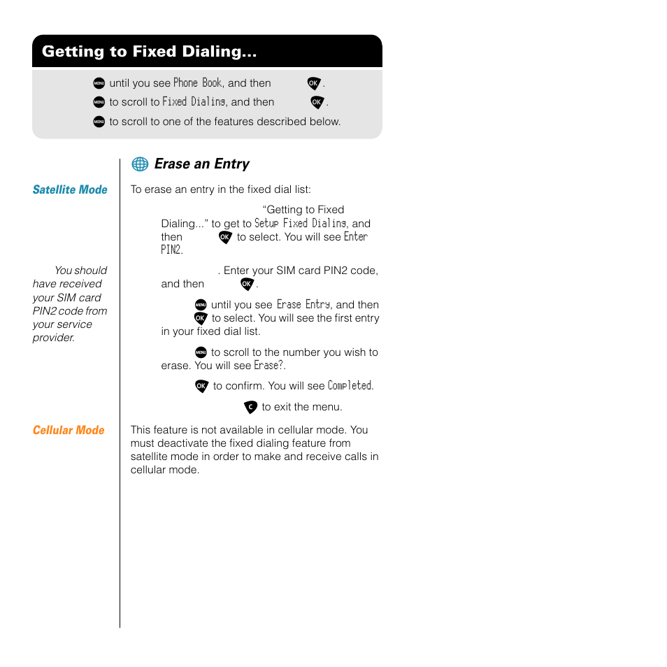 Getting to fixed dialing, Erase an entry | Motorola SATELLITE 9505 User Manual | Page 98 / 228