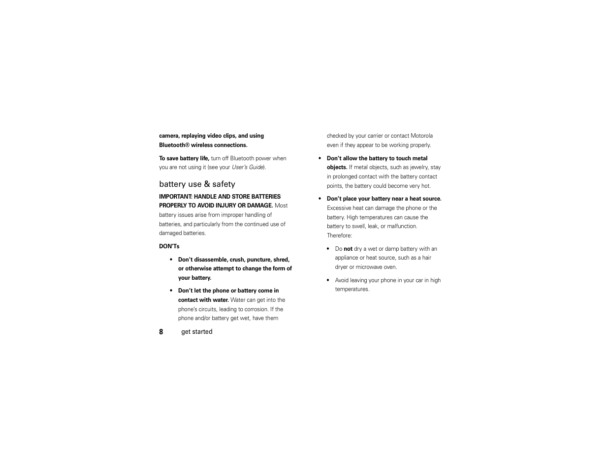 Battery use & safety | Motorola Evoke QA4 User Manual | Page 10 / 124