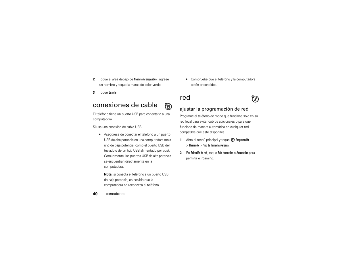 Conexiones de cable, Ajustar la programación de red | Motorola Evoke QA4 User Manual | Page 102 / 124