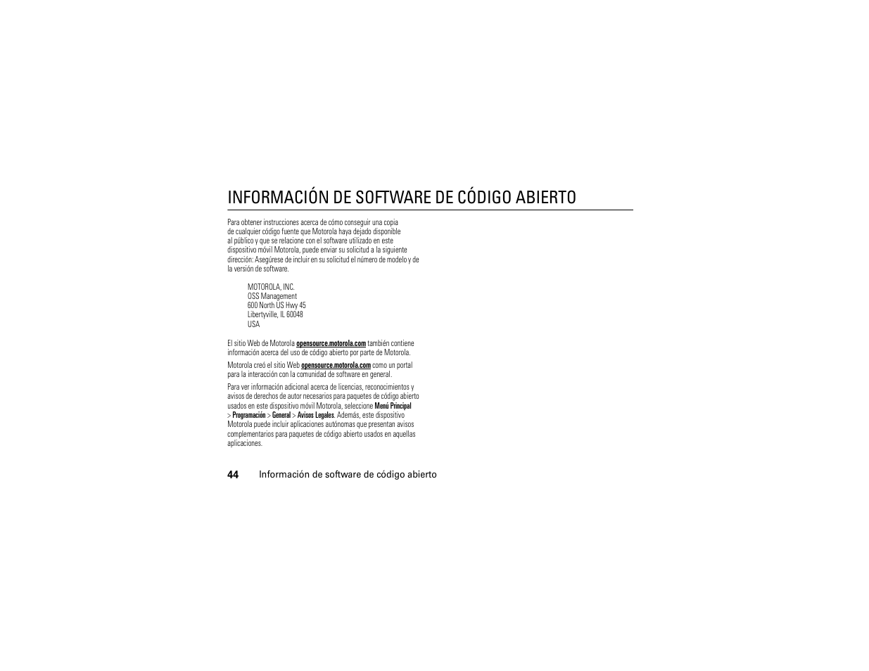 Información de software de código abierto, Información de software, De código abierto | Motorola Evoke QA4 User Manual | Page 106 / 124