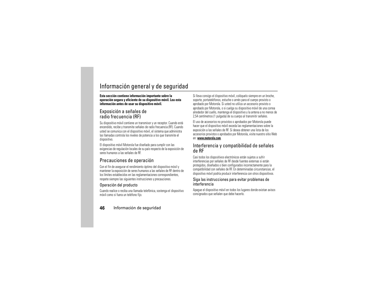 Información de seguridad, Información general y de seguridad | Motorola Evoke QA4 User Manual | Page 108 / 124