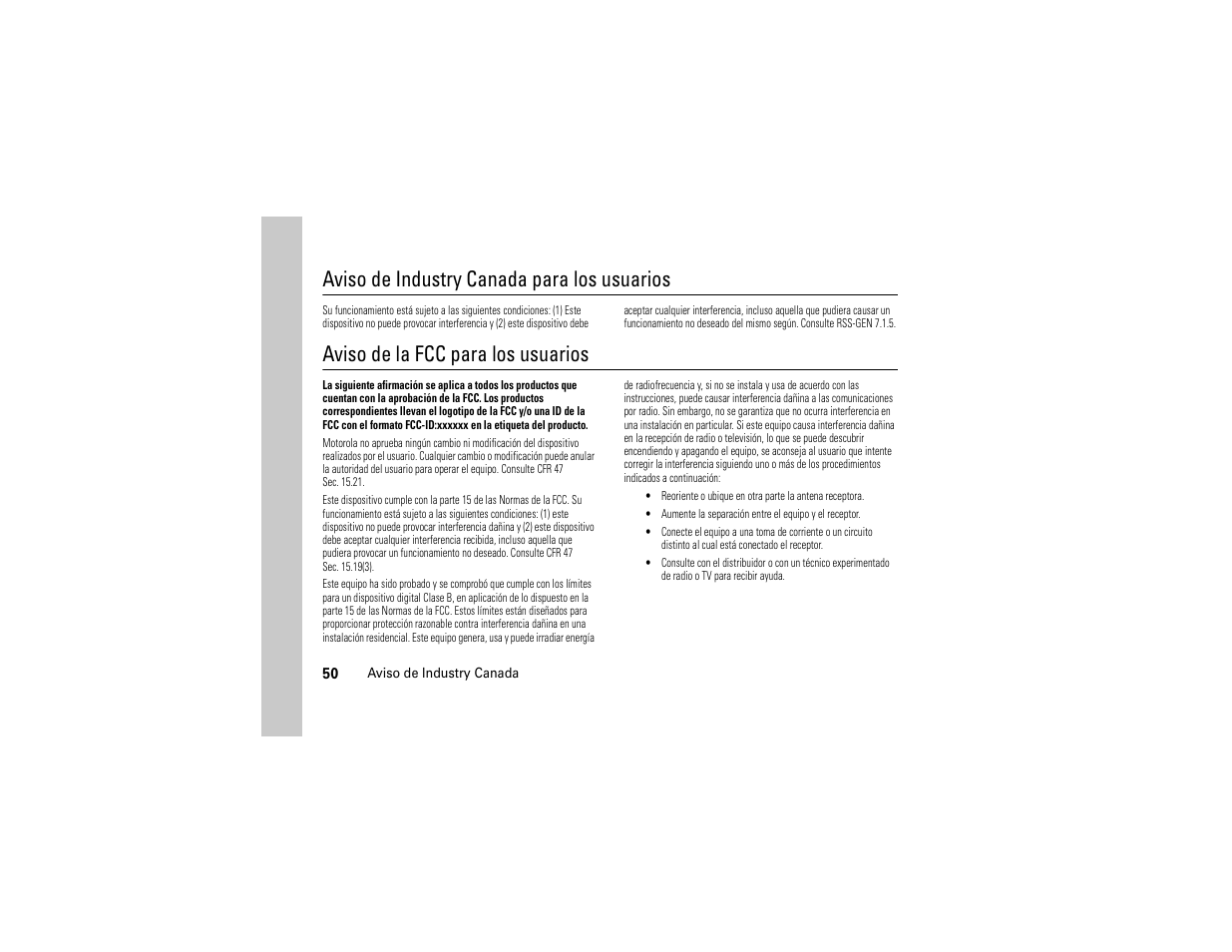 Aviso de industry canada, Aviso fcc, Aviso de industry canada para los usuarios | Aviso de la fcc para los usuarios | Motorola Evoke QA4 User Manual | Page 112 / 124