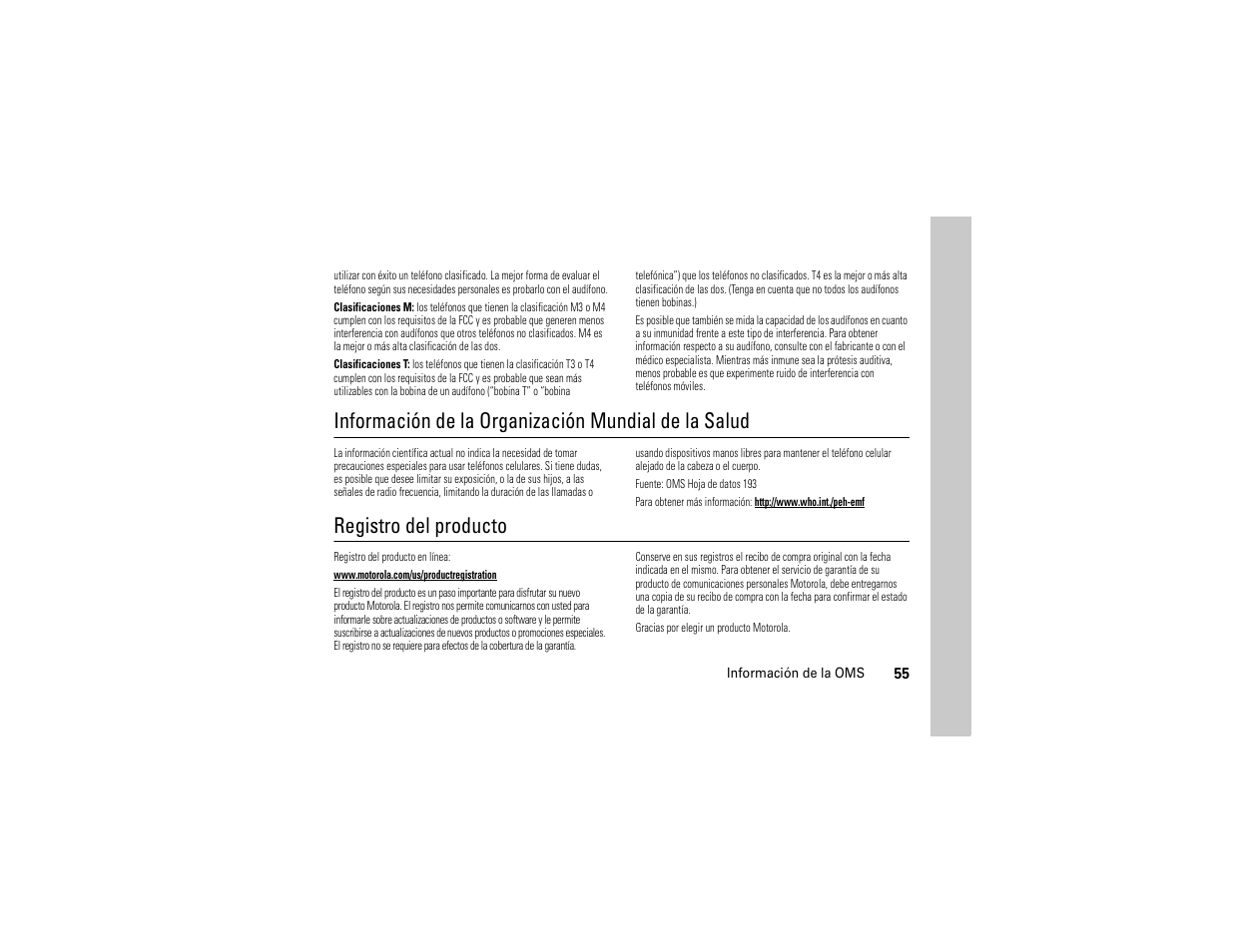 Información de la oms, Registro, Información de la organización mundial de la salud | Registro del producto | Motorola Evoke QA4 User Manual | Page 117 / 124