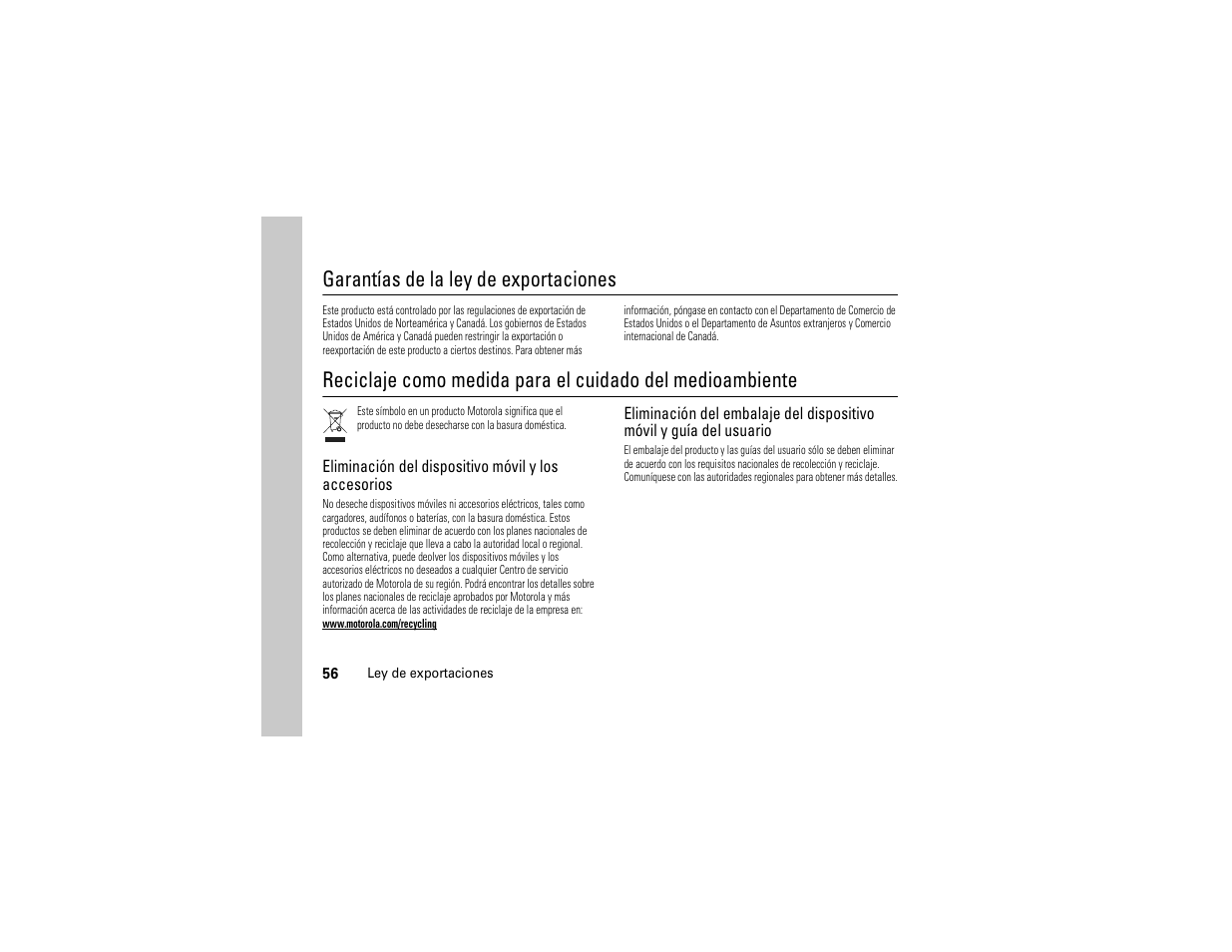 Ley de exportaciones, Información de reciclaje, Garantías de la ley de exportaciones | Motorola Evoke QA4 User Manual | Page 118 / 124